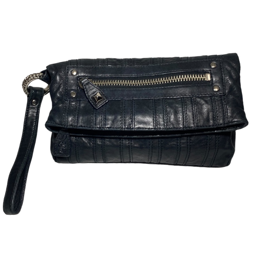 Betsey‎ Johnson Black Leather Silver Tone Studded Fold Over Clutch Handbag